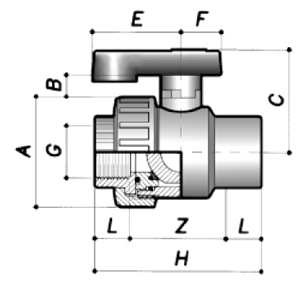 Technische Zeichnung PP Kugelhahn mit Klemmverschraubung und Innengewinde