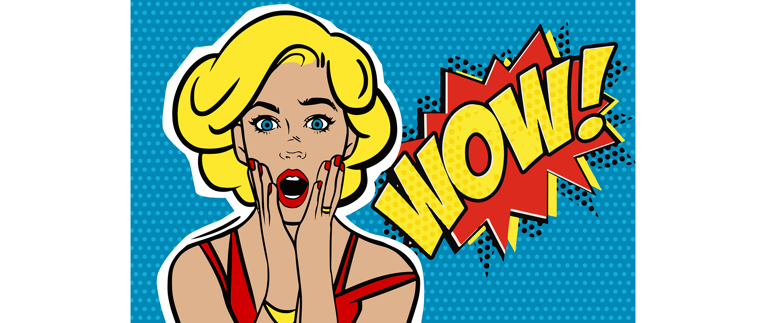  Pop-Art-Frau mit dem Wort "Wow" in lebhaften Farben, die Überraschung und Begeisterung ausdrückt.