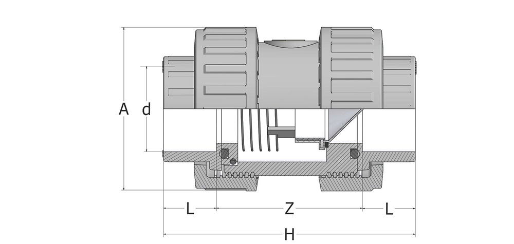 Technische Zeichnung COMER PVC-C Rückschlagventil mit Klebemuffen EPDM, federbelastet