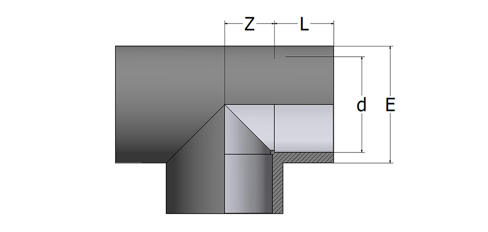 COMER PVC-C T-Stück 90° Technische Zeichnung COMER PVC-C T-Stück 90°