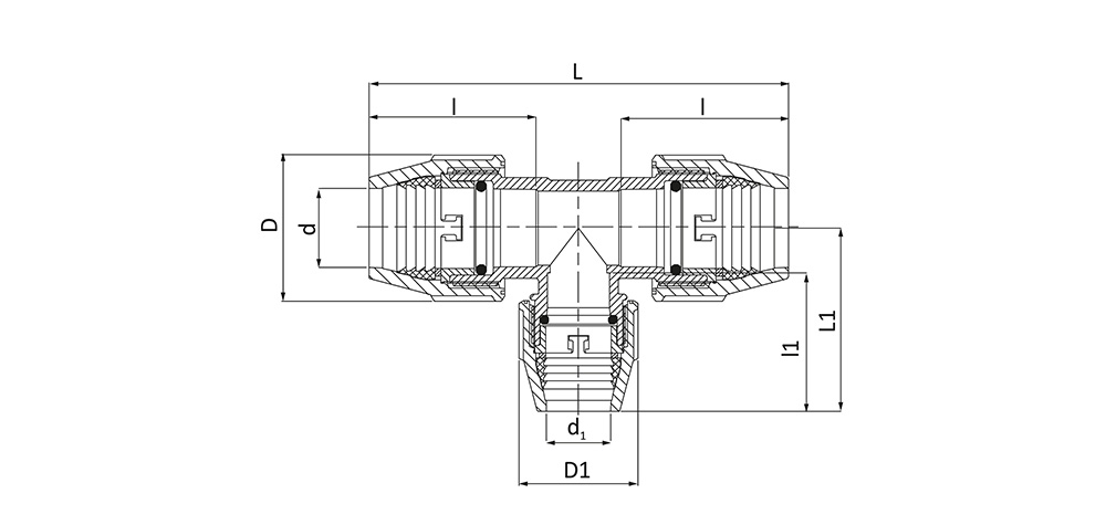 Technische Zeichnung UNIDELTA PP T-Stück 90° reduziert ab Größe d50 - Ab Größe d50 mit Deltone-System Technische Zeichnung UNIDELTA PP T-Stück 90° reduziert ab Größe d50 - Ab Größe d50 mit Deltone-System