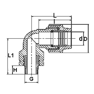 Technische Zeichnung PP Winkel 90° mit AG aus Messing