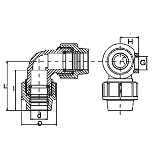 Technische Zeichnung PP Winkel 90° mit seitl. Innengewinde