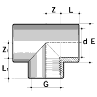 Technische Zeichnung T-Stück 90° Klebemuiffe/IG