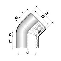 Technische Zeichnung Winkel 45° Klebemuffe/IG