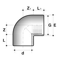 Technische Zeichnung Winkel 90° Klebemuffe/IG