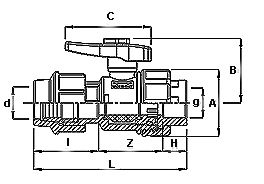 Technische Zeichnung PP Kugelhahn mit Klemmverschraubung und Innengewinde