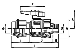 Technische Zeichnung PP Kugelhahn mit Klemmverschraubung und Außengewinde
